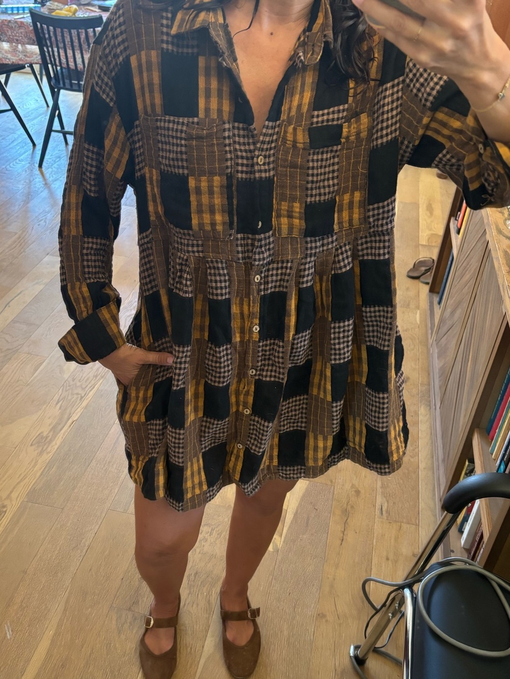 Patchwork print button down mini dress
